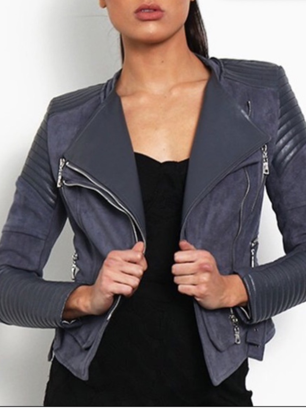 🦘Ivory & Chain Blue Gray Moto Biker Jacket